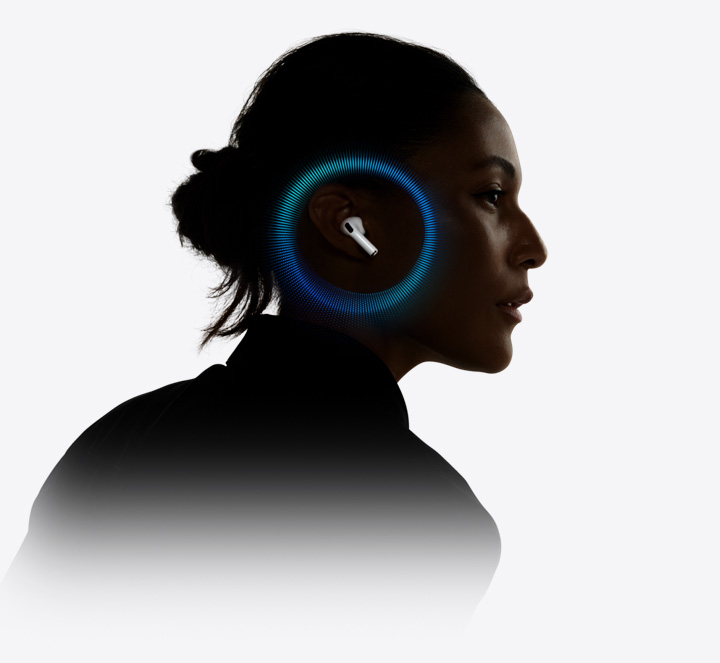 AirPods Pro 3を装着した人物の耳の周りに音波がある