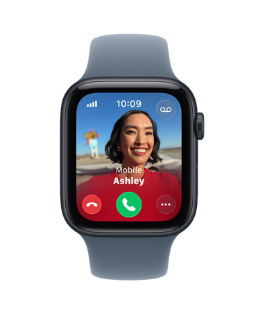 „Apple Watch SE 3“, aliuminio korpusas, vidurnakčio spalva, įeinantis skambutis, kontakto nuotrauka, skambučio priėmimo ir atmetimo mygtukai, dešinės pusės išorinė dalis, „Digital Crown“, sportinis dirželis, plieno mėlyna spalva