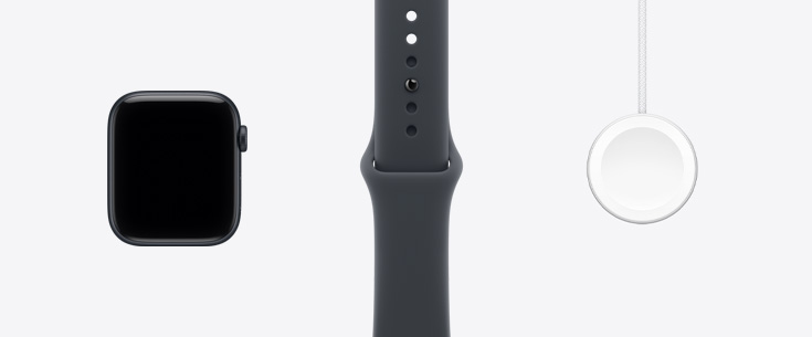 Apple Watch SE 3, aluminijsko kućište, ponoćno crna boja, prednja vanjska strana, zaslon od ruba do ruba, remen Sport ponoćno crne boje, kabel za magnetski brzi punjač za Apple Watch s USB‑C priključkom