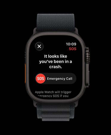 Apple Watch Ultra 3, черен цвят, титанов корпус, известие за катастрофа, спешно повикване, каишка Alpine Loop в черен цвят