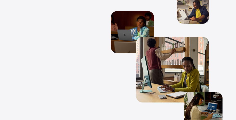 Verschiedene Personen nutzen Apple Produkte zum Lernen, Arbeiten, Designen und Zeichnen.