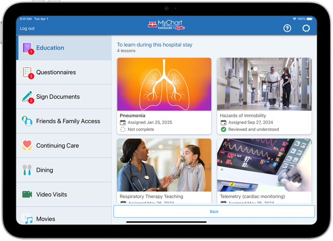 Software que muestra MyChart Bedside de Epic.