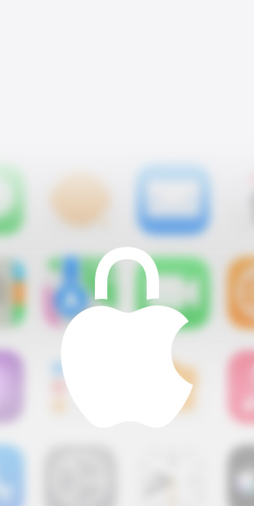 Il logo privacy Apple con l’icona del lucchetto, in bianco su uno sfondo sfocato, schermata Home con alcune app