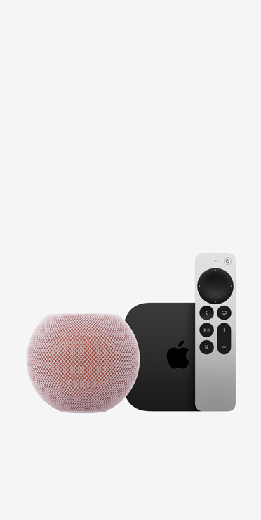 Un HomePod mini 2 rosa con una Apple TV 4K e un telecomando Siri Remote