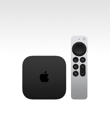 Una Apple TV 4K nera mostrata dall’alto, con un telecomando Siri Remote color argento