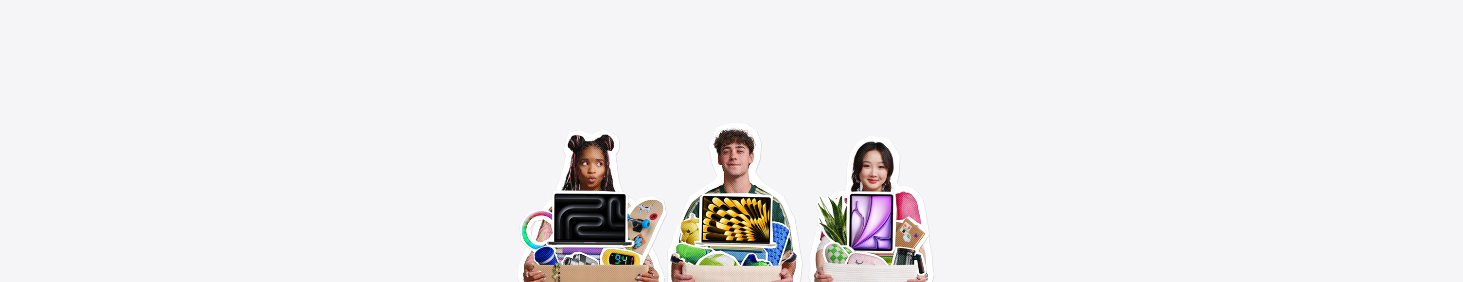 Usměvaví studenti na animovaných výřezech drží různé modely MacBooku a iPadu a všelijaké věci na kolej v krabicích.