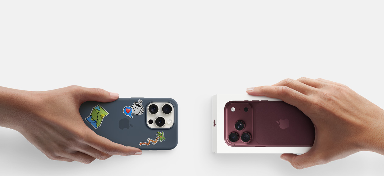 جنباً إلى جنب، يد تحمل iPhone 13 في حافظة سيليكون مع ملصقات على الجزء الخلفي الخارجي للاستبدال، مقابل يد تحمل علبة iPhone جديدة تحوي iPhone 17 Pro