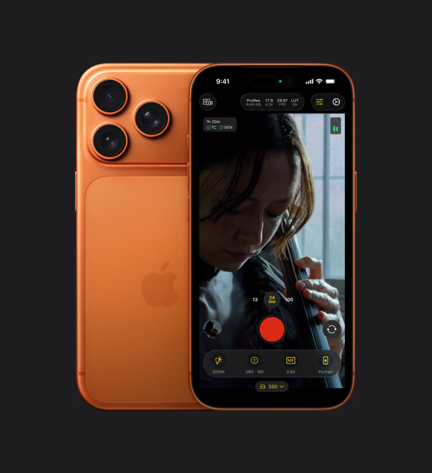 Na primjeru snimke videozapisa žene koja svira čelo, a koja se reproducira na zaslonu iPhonea 17 Pro, demonstrirana je značajka ProRes RAW