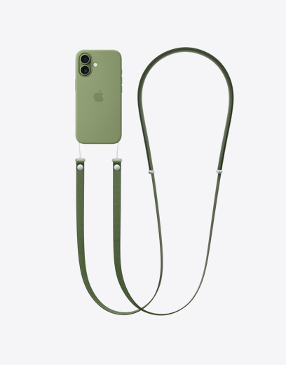 iPhone 17, aizmugures skats, zaļš ietvars, kam piestiprināta zaļa Crossbody siksniņa