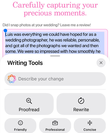 Writing Tools funkcija darbībā ar pārbaudes, pārrakstīšanas, draudzīga, profesionāla un kodolīga stila opcijām