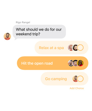 Messages aplikācija, kurā redzama aptauju funkcija darbībā