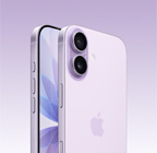 Vista frontal do iPhone 17 lavanda, vista traseira em ângulo do sistema de câmaras Fusion em relevo no topo, botão Controlo da câmara, vista frontal do ecrã total, botão Ação, botão lateral e botões de volume