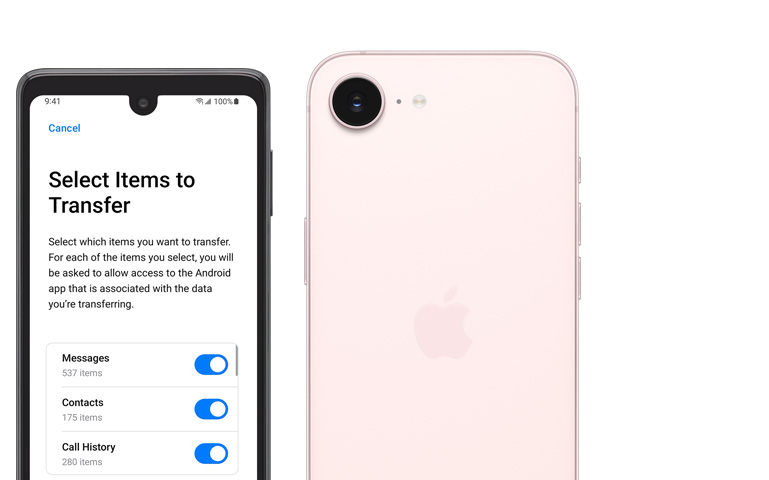 Côte à côte, téléphone Android affichant l’app Migrer vers iOS, iPhone 17e, face arrière, coloris rose pastel, caméra Fusion