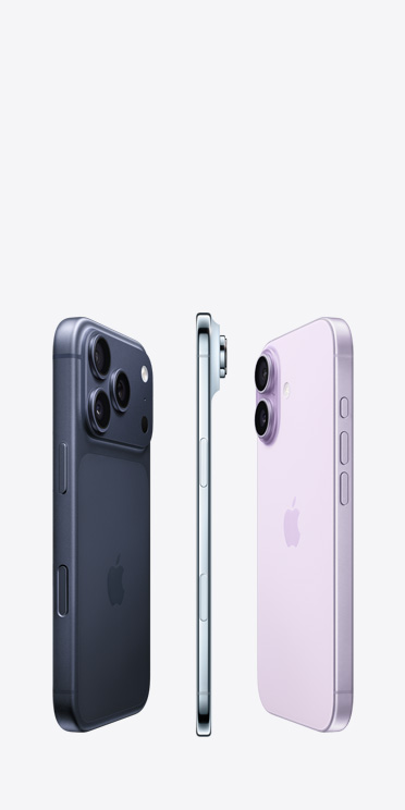 „iPhone 17 Pro“, galinė išorinė dalis, kamerų sistema „Pro fusion“ per visą viršutinę dalį, „iPhone Air“, labai plonas titano šonas, „iPhone 17“, galinė išorinė dalis, pažangi dviejų kamerų sistema viršutiniame kairiajame kampe
