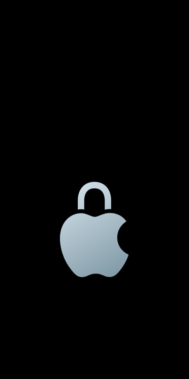 Sidabrinės spalvos „Apple“ logotipas su spynos juostele, kuri pakeičia lapą virš logotipo