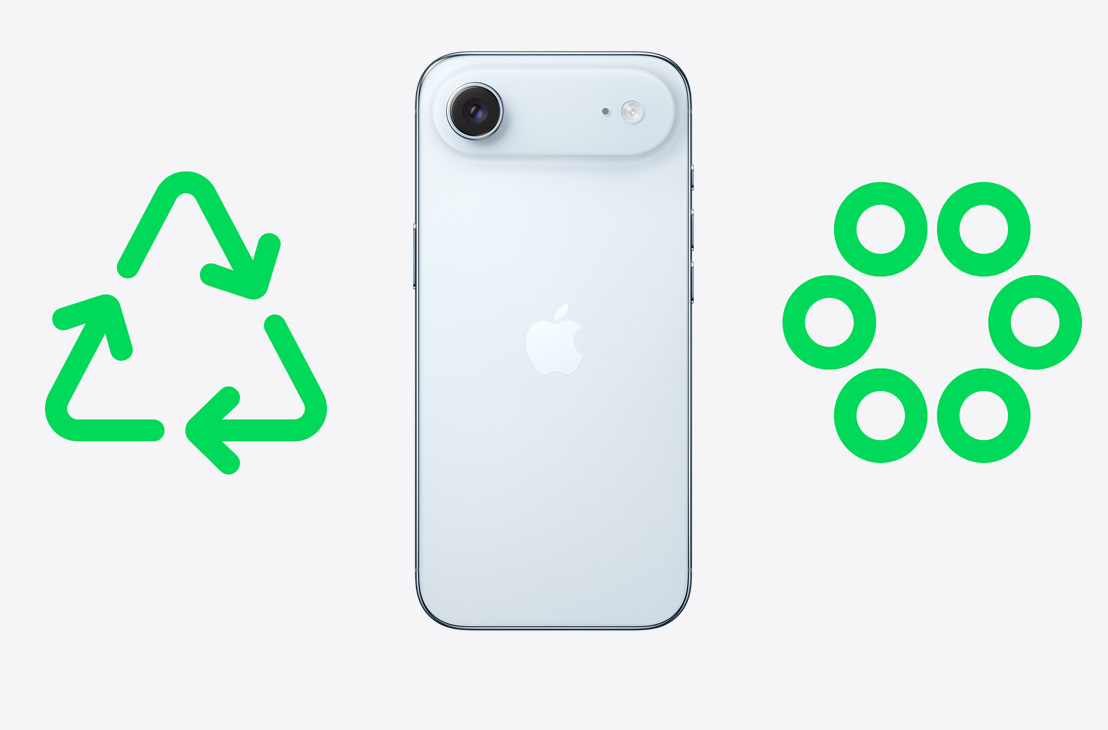 „iPhone Air“ nugarėlė, žalia perdirbimo piktograma, žalia apskrita medžiagų perdirbimo piktograma