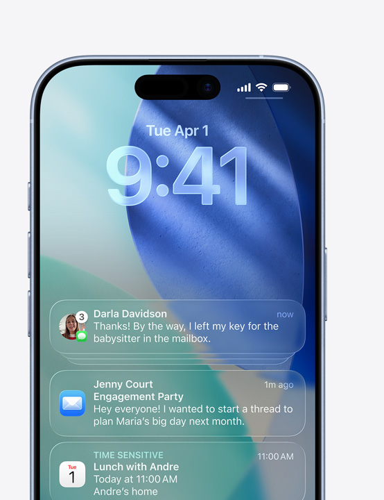 „iPhone“ ekrane rodomas žinučių iškylantysis langas, el. pašto iškylantysis langas, kalendoriaus iškylantysis langas