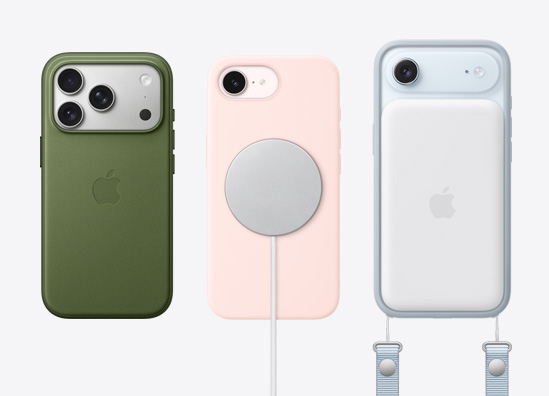 Vienas šalia kito, nauji „iPhone“ modeliai, demonstruojantys tokius priedus kaip „TechWoven“ austas dėklas su „MagSafe“, „MagSafe“ įkroviklis, „MagSafe“ baterija ir „Crossbody Strap“ dirželis per petį