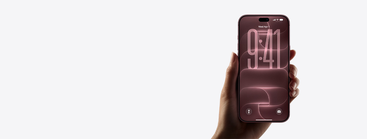 iPhone 18 Pro, held in hand, burgundy color (dark red), front exterior, default lock screen