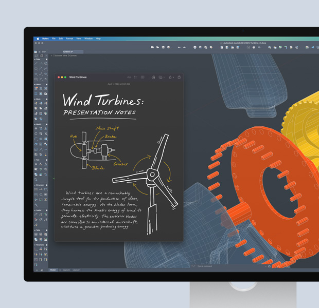 Ekraan, millel on näha Autodesk AutoCAD projekt, sealhulgas joonised ja märkmed