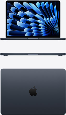 Vue de face et de haut d’un MacBook Air en finition minuit