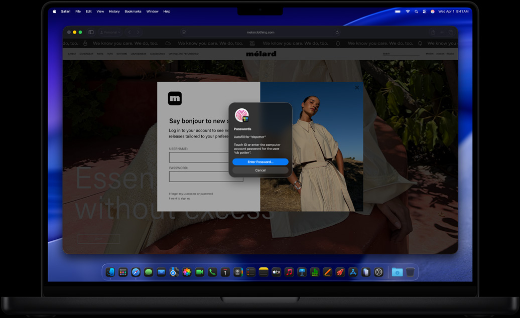 MacBook Pro, space black colour, Safari and the Passwords app prompting user to log in to a website using Touch ID