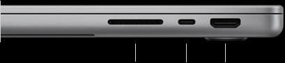 MacBook Pro 14 pouces avec puce M5, fermé, côté droit montrant le lecteur de carte SDXC, un port Thunderbolt 4 et le port HDMI