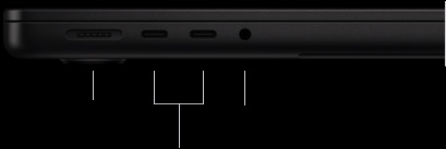 MacBook Pro 14 pouces avec puce M5 Pro ou M5 Max, fermé, côté gauche montrant le port MagSafe 3, deux ports Thunderbolt 5 et la prise casque