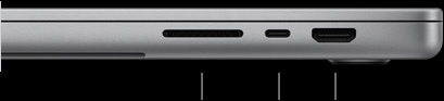 MacBook Pro 16 pouces, fermé, côté droit, montrant le lecteur de carte SDXC, un port Thunderbolt 5 et le port HDMI