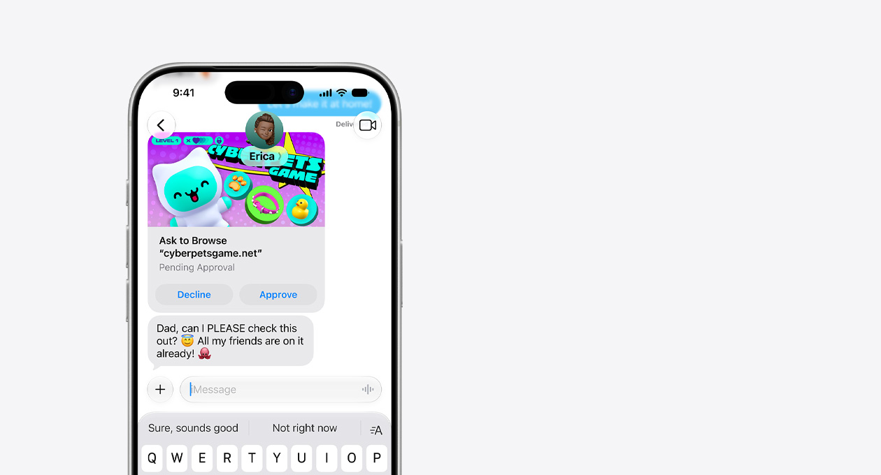iPhone 17 Pro, argent, deux tiers supérieurs visibles, écran affichant un SMS avec une capture d’écran de cyberpetsgame.net, boutons Refuser et Approuver sous l’image, texte du message, Papa, je peux aller sur ce site s’il te plaît, tout le monde y joue déjà
