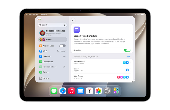 iPad Pro 11 pouces, argent, affichant les options Limite de temps et Programme de temps d’écran dans Réglages pour autoriser les catégories de temps et de contenus multimédias pour l’enfant