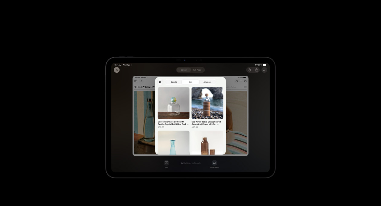 جهاز iPad Pro مقاس 11 إنش، لون أسود فلكي، شاشة تعرض صورة لبعض المنتجات نتيجة طلب استعلام على الشاشة موجّه إلى الذكاء المرئي حول القناني الزجاجية، عرض زر Ask وزر Image Search أسفل الصور