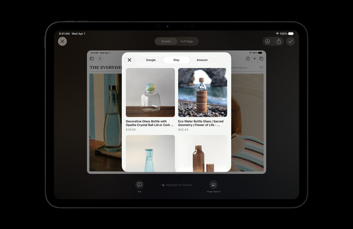 جهاز iPad Pro مقاس 11 إنش، لون أسود فلكي، شاشة تعرض صورة لبعض المنتجات نتيجة طلب استعلام على الشاشة موجّه إلى الذكاء المرئي حول القناني الزجاجية، عرض زر Ask وزر Image Search أسفل الصور
