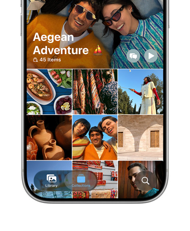 iPhone 17 Pro, color argento, mostrato di fronte, griglia di foto di una vacanza
