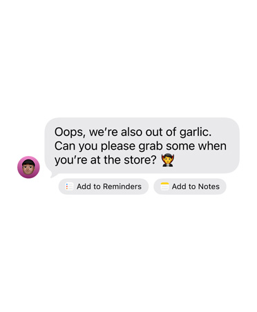 رسالة iMessage واردة تحتها زرّان لإجراءين مقترحين هما: Add to Reminders وAdd to Notes