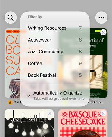 Navigateur Safari sur iPhone affichant le menu Filtrer avec des catégories telles que Ressources d’écriture, Vêtements de sport, Communauté de jazz, Café et Festival du livre, avec l’option Organiser automatiquement sélectionnée
