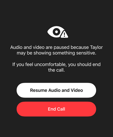 Message automatique aux parents concernant le contenu sensible et dangereux que leur enfant est susceptible de voir lors d’un appel FaceTime, avec des options permettant de Reprendre l’audio et la vidéo ou de Raccrocher