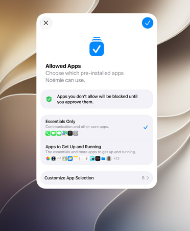 App de l’Assistant réglages avec une sélection d’apps proposée aux parents pour leur enfant