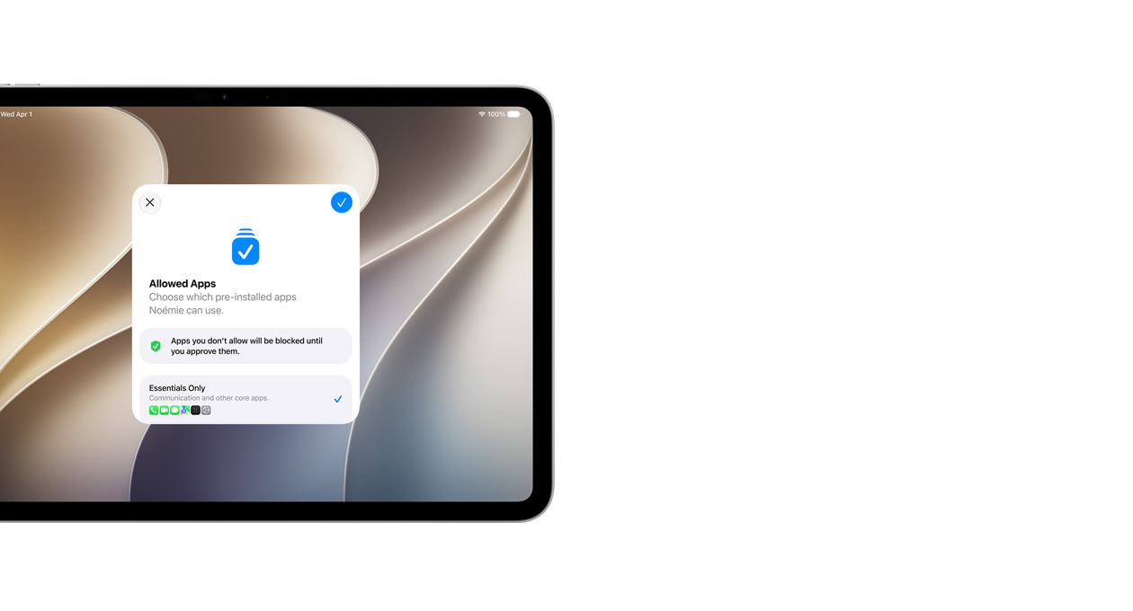 iPad Pro 11 pouces, argent, écran affichant l’app Assistant réglages avec une sélection d’apps proposée aux parents pour leur enfant