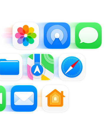 Une grille d’icônes d’apps, dont Messages, Safari et Mail
