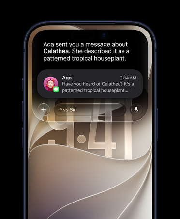 iPhone 17 Pro, bleu intense, vu de face, affichant une requête Siri AI concernant la plante évoquée dans une conversation Messages.