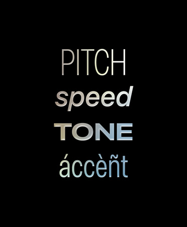 خصائص الصوت مكتوبة على خلفية سوداء، يظهر نص كما يلي: Pitch, speed, tone, accent