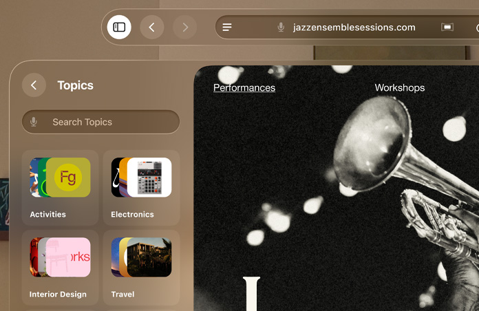 Apple Vision Pro avec Safari ouvert, Liste de lecture groupée par sujets visible
