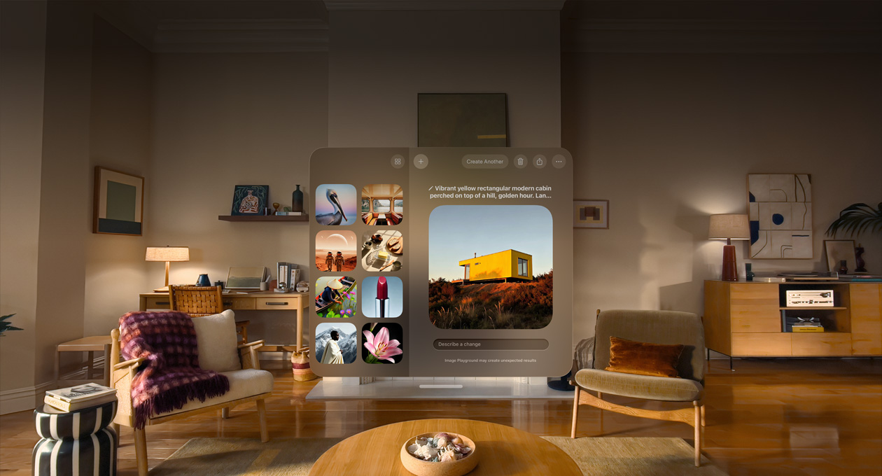 Vue de l’Apple Vision Pro d’Image Playground en cours d’utilisation, image d’un chalet jaune au sommet d’une colline en cours de modification, invite sous l’image demandant de décrire une modification