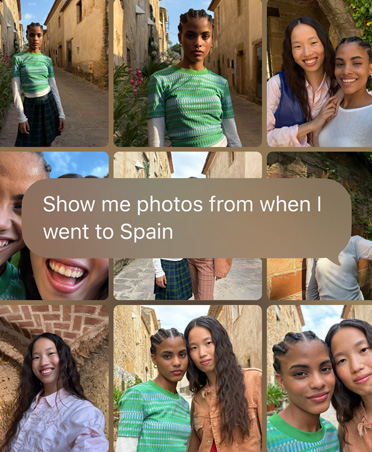 Écran montrant une requête à Siri AI pour retrouver des photos de vacances récentes, le texte de la requête se superpose à la grille de photos