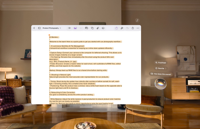 Vue de l’Apple Vision Pro, un document sur les pratiques photographiques est ouvert et des suggestions de Siri flottent sur le côté, notamment Corriger, Réécrire et Qu’en pensez-vous ?