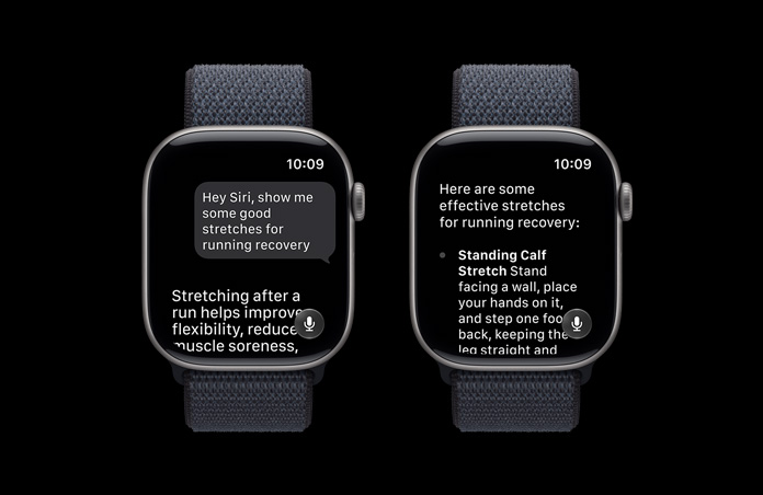 Apple Watch Series 11, Abu-abu, menampilkan percakapan Siri AI tentang latihan